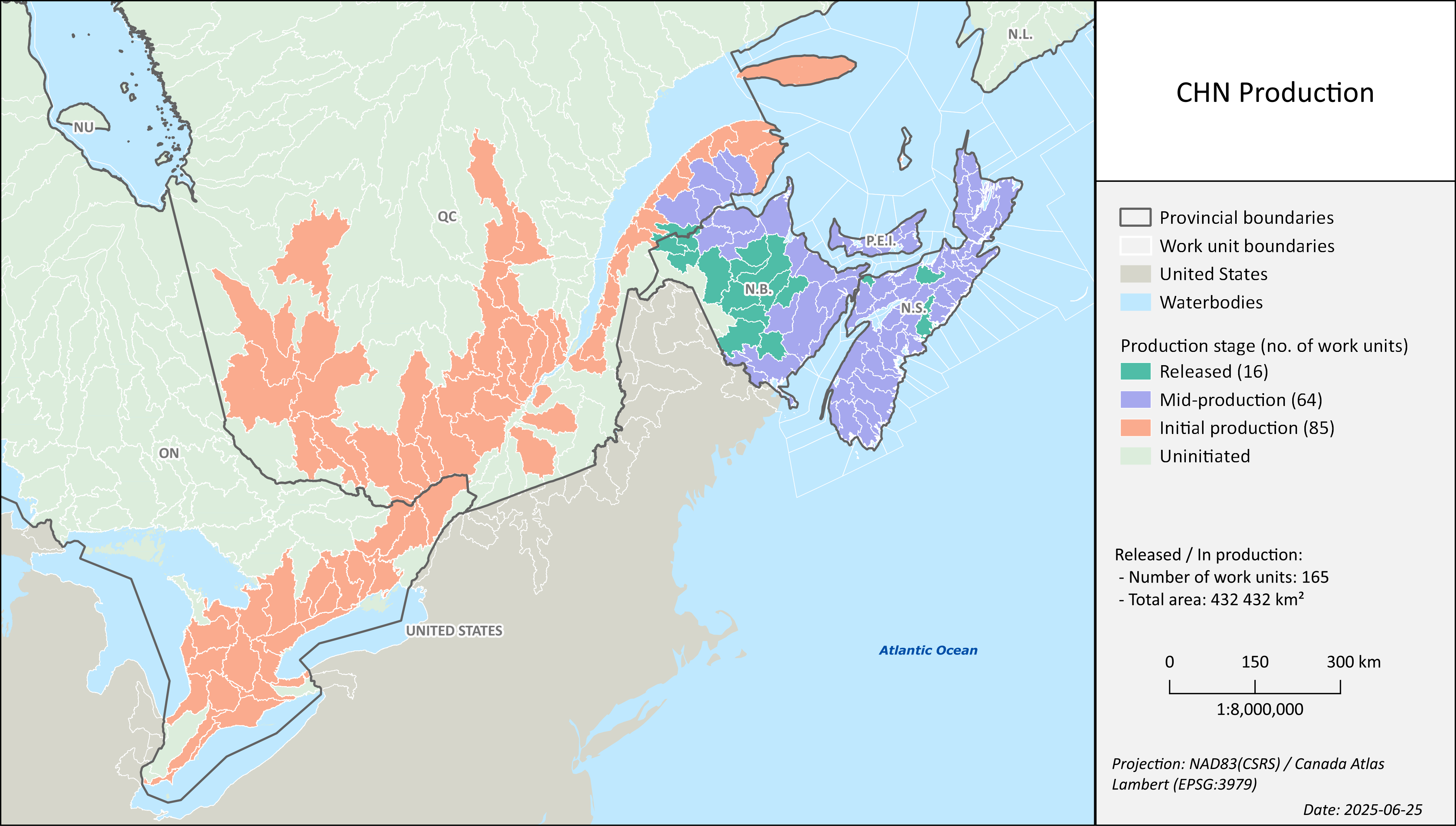 A map showing the locations of the first 16 work units of the Canadian Hydrospatial Network (description follows)