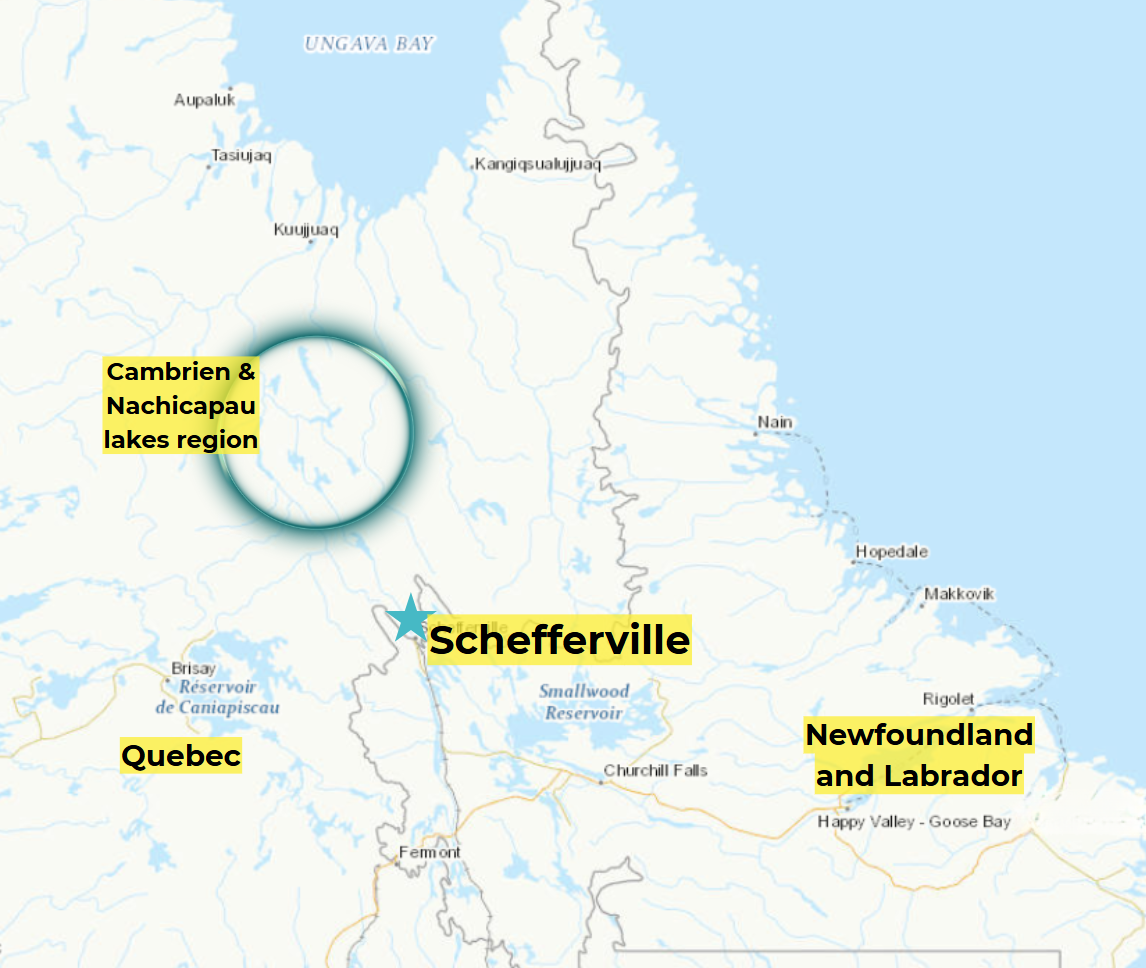 Map of northern Quebec and Labrador showing where Schefferville is located in relation to Cambrien & Nachicapau lakes region. Map (Geo.ca).