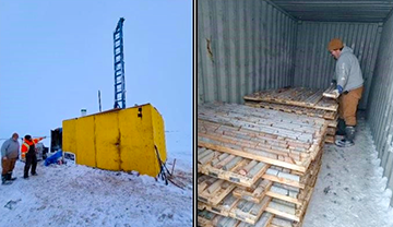 The left image shows two workers standing next to a drilling rig cabin. The right image shows a worker organizing and logging cylindrical rock core samples inside a metal shipping container, where multiple wooden core trays are neatly stacked.