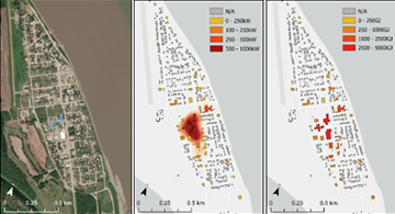 Three maps showing the annual modelled and estimated electrical and heat profiles for a remote Canadian community.