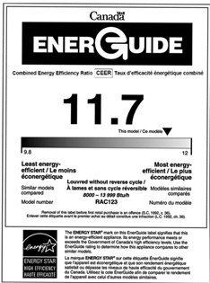 A black and white EnerGuide label for Room Air Conditioners displaying the combined energy efficiency ratio and a comparison to similar models