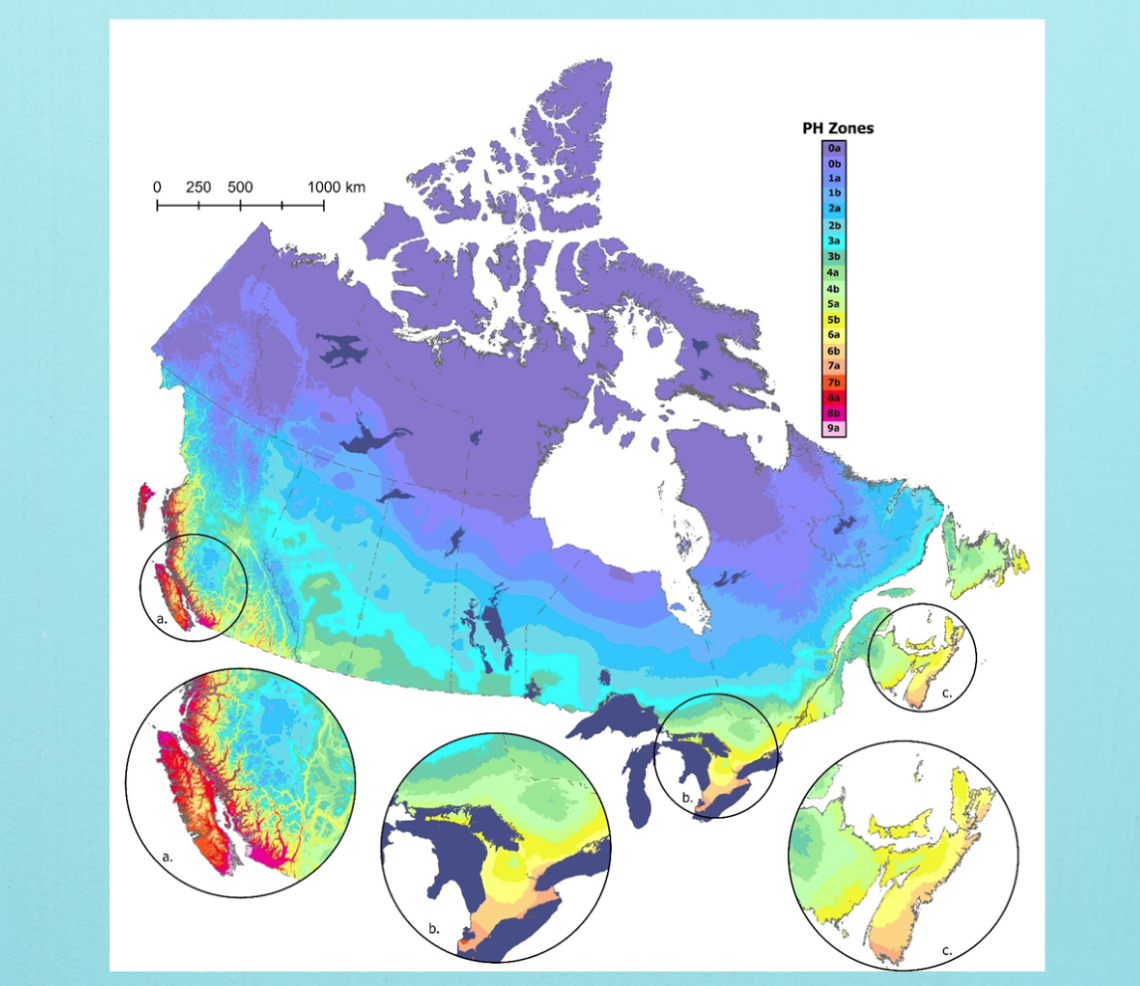 A colour-coded map of Canada showing the different plant hardiness zones.