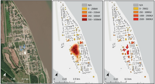 Three maps visually representing Fort Simpson, NWT. Starting on the left, there is a map of town centre. In the centre, a map showing the preliminary peak heating loads for commercial buildings (kW). Finally, on the right, a map total heating loads for commercial buildings (GJ).