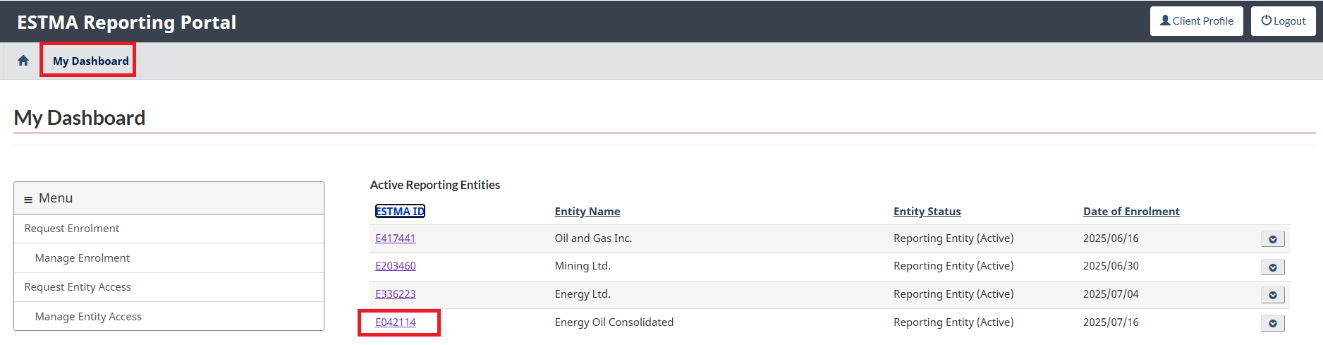 My Dashboard page showing that you must select an ESTMA ID to edit an entity profile.
