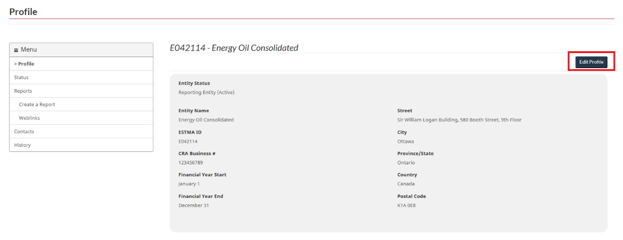 Entity Profile page showing that you must select the Edit Profile button to edit details.
