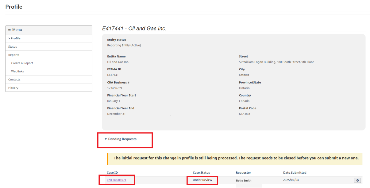 Entity Profile page showing Pending Requests below entity details, with option to view request details by selecting the hyperlinked case ID number.