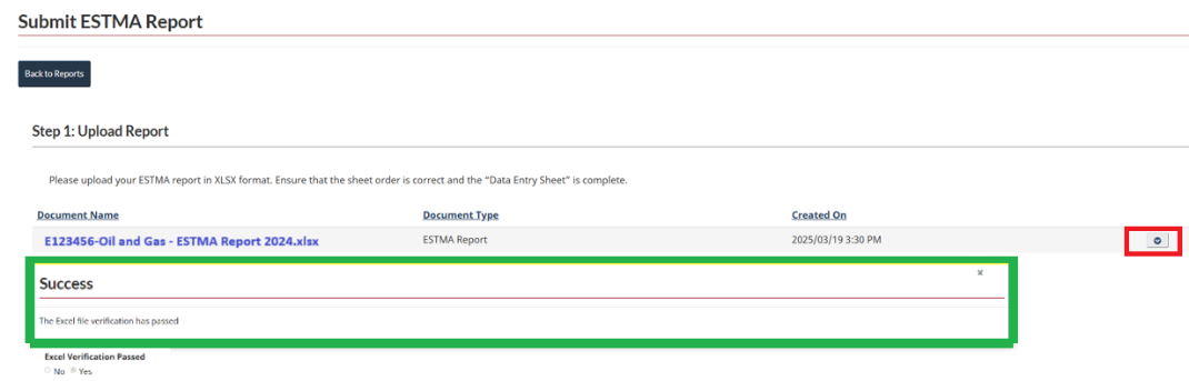 Submit ESTMA Report page showing successful verification of uploaded report in progress.