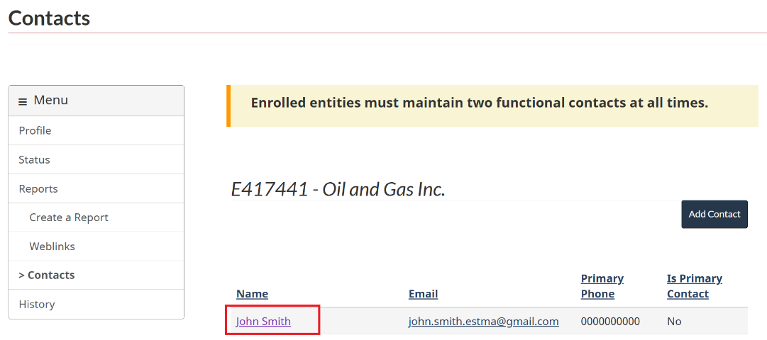 Contacts page showing that to edit a contact, you must select the hyperlinked name in the contact list.