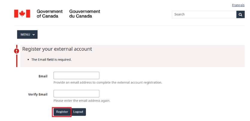 External account registration page requiring email to proceed with registration.
