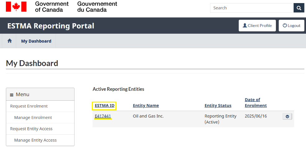 My dashboard page showing list of Active Reporting Entities.