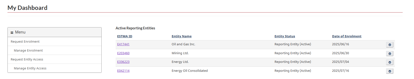 My Dashboard page showing list of Active Reporting Entities.