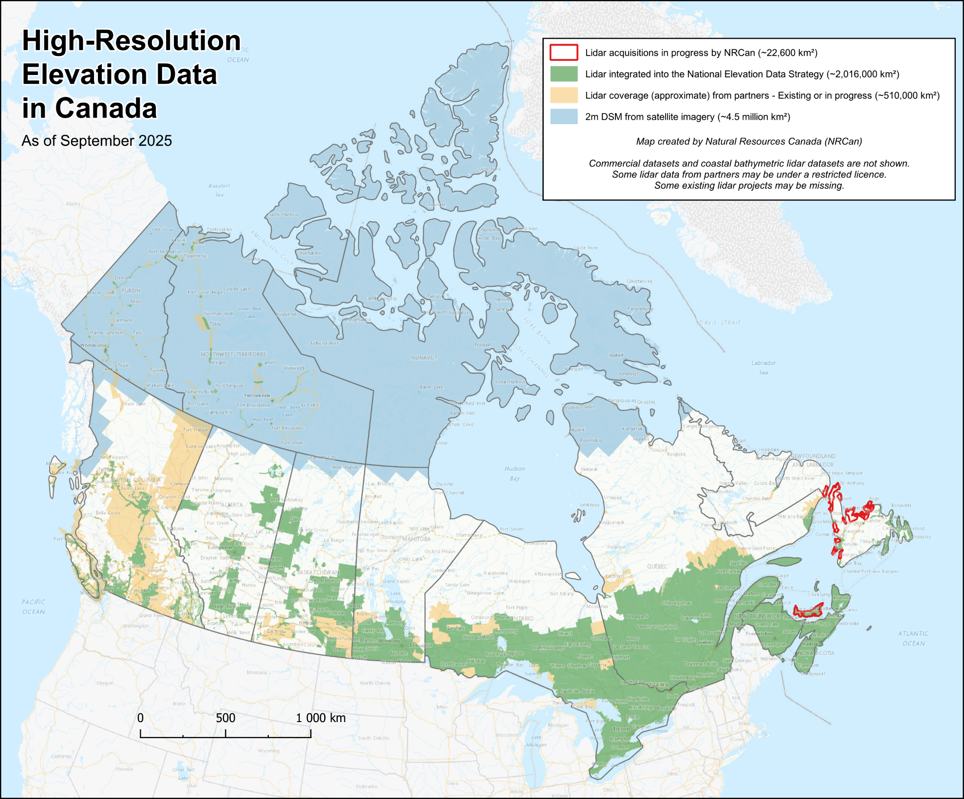 A map of Canada illustrating the current coverage status of elevation data acquired by all levels of government.