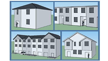 Four different building types depicted using a 3D design software