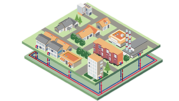 Illustration of a small community with various building types all connected by an underground network of red and blue pipes 