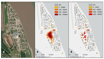 Three different maps showing the annual modelled and estimated electrical and heat profiles for a remote Canadian community