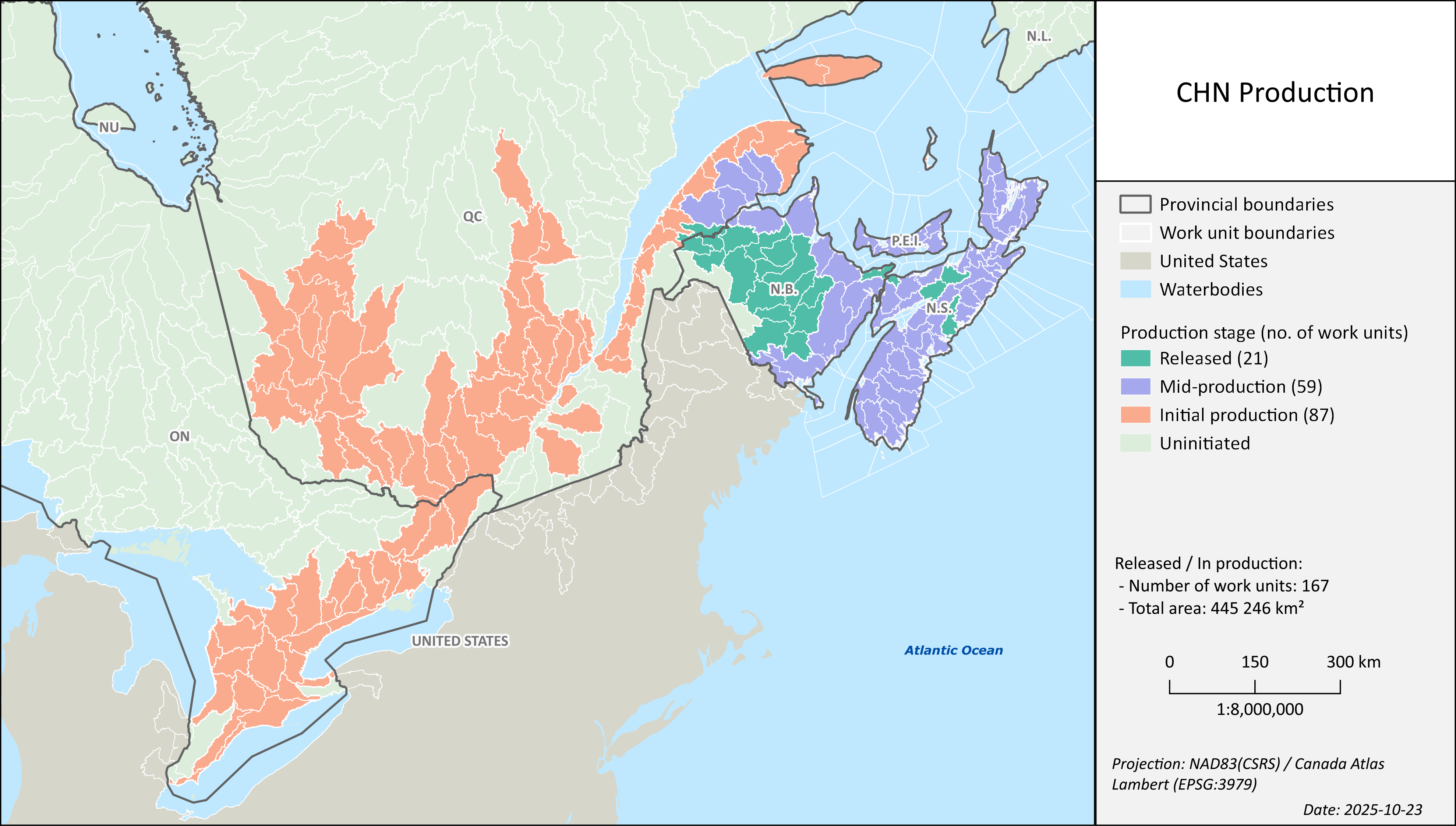 A map showing the locations of the first 16 work units of the Canadian Hydrospatial Network