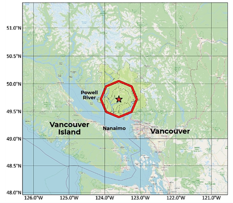 Map of earthquake early warning zone for the February 2025 earthquake, with red circle and star indicating the epicentre on the west coast of B.C.