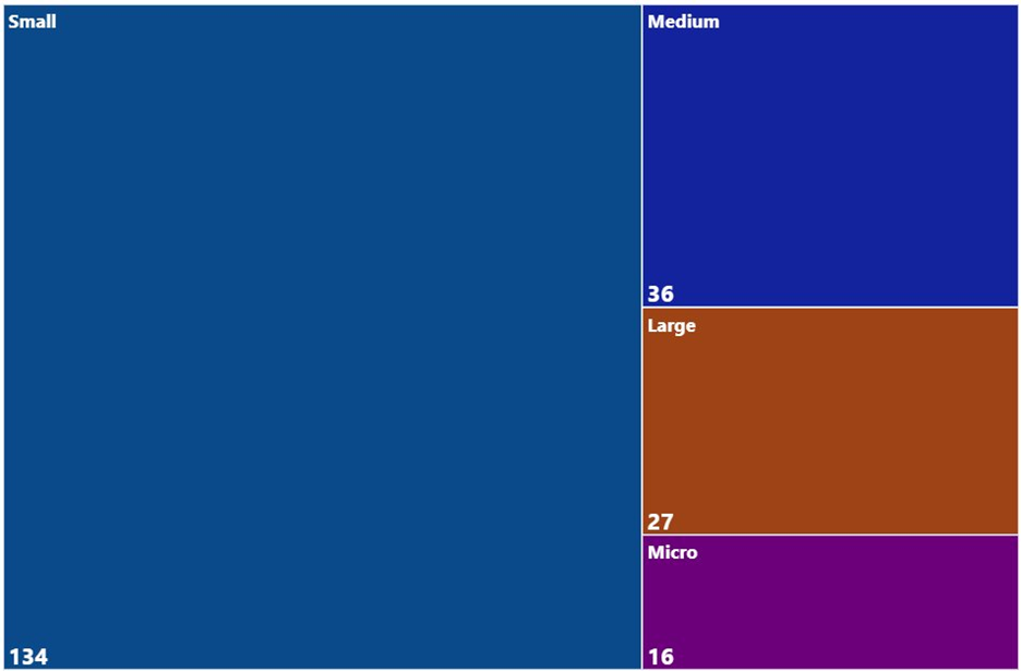 A treemap chart showing the relative size of companies across the downstream segments of the battery value chain (Micro: 1-4 employees, Small: 5-99 employees, Medium: 100-499 employees, Large: 500 or more employees)