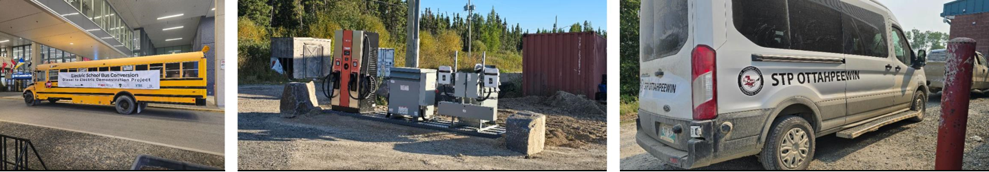 A collage of three images including a school bus with a large banner that says, “Electric School Bus Conversion Diesel Electric Demonstration Project,” an EV charging station and a transit van.