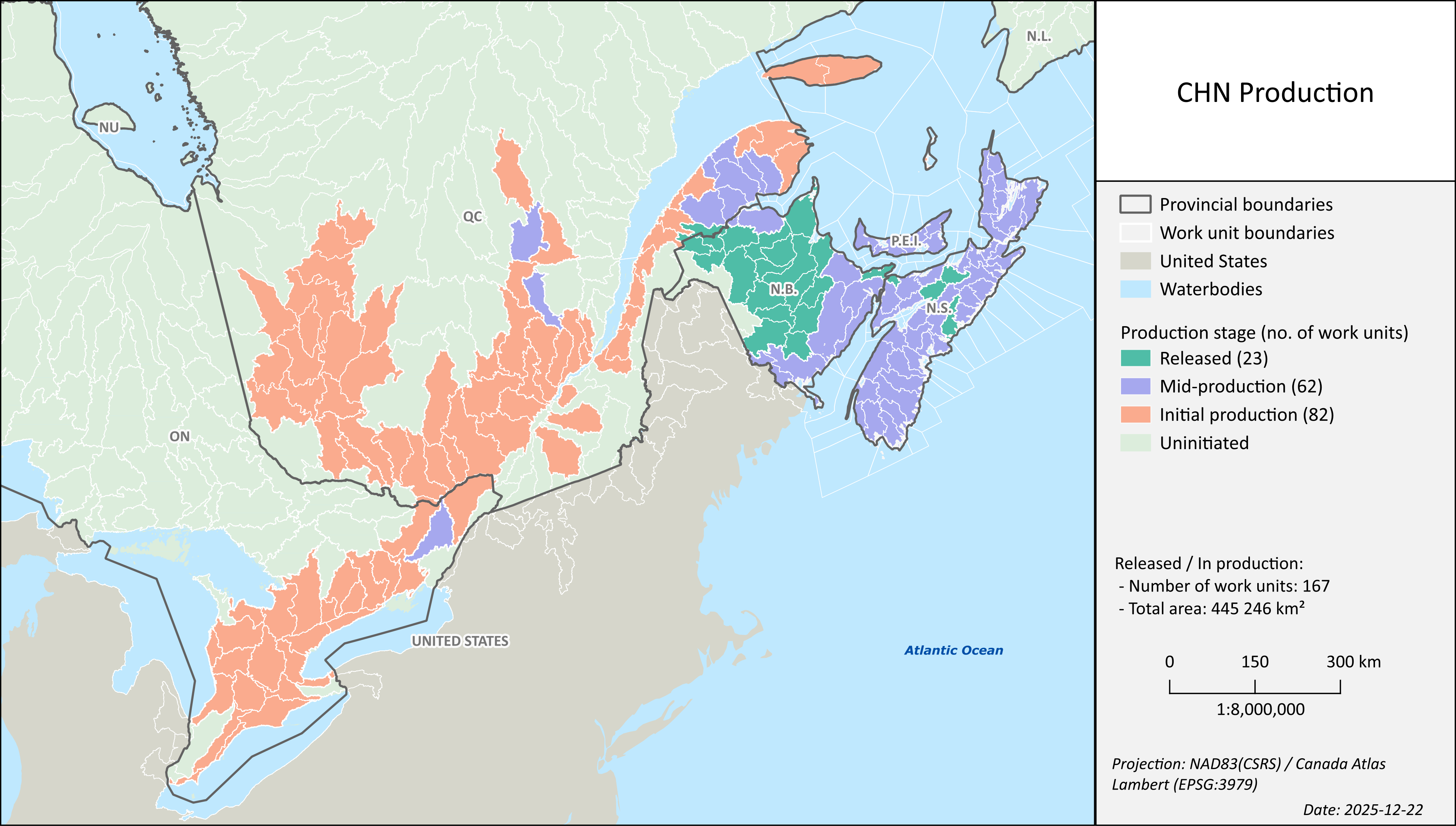 A map showing the locations of the first 23 work units of the Canadian Hydrospatial Network
