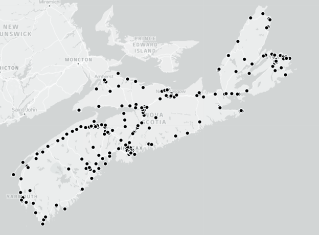 A map of Nova Scotia showing black dots on a hot spot map showing buildings analytics.