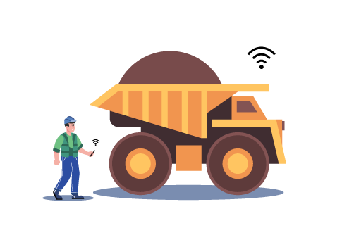 Illustration of a person interacting with a large robotic arm holding three interlocking gears