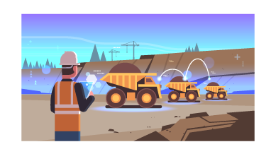 Illustration of a mining site featuring a worker in safety gear using a tablet to control three autonomous dump trucks