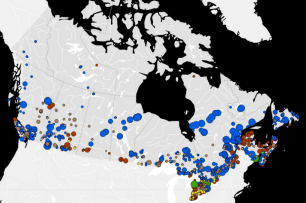 A map of Canada showing Clean Energy Resources and Projects (CERP)