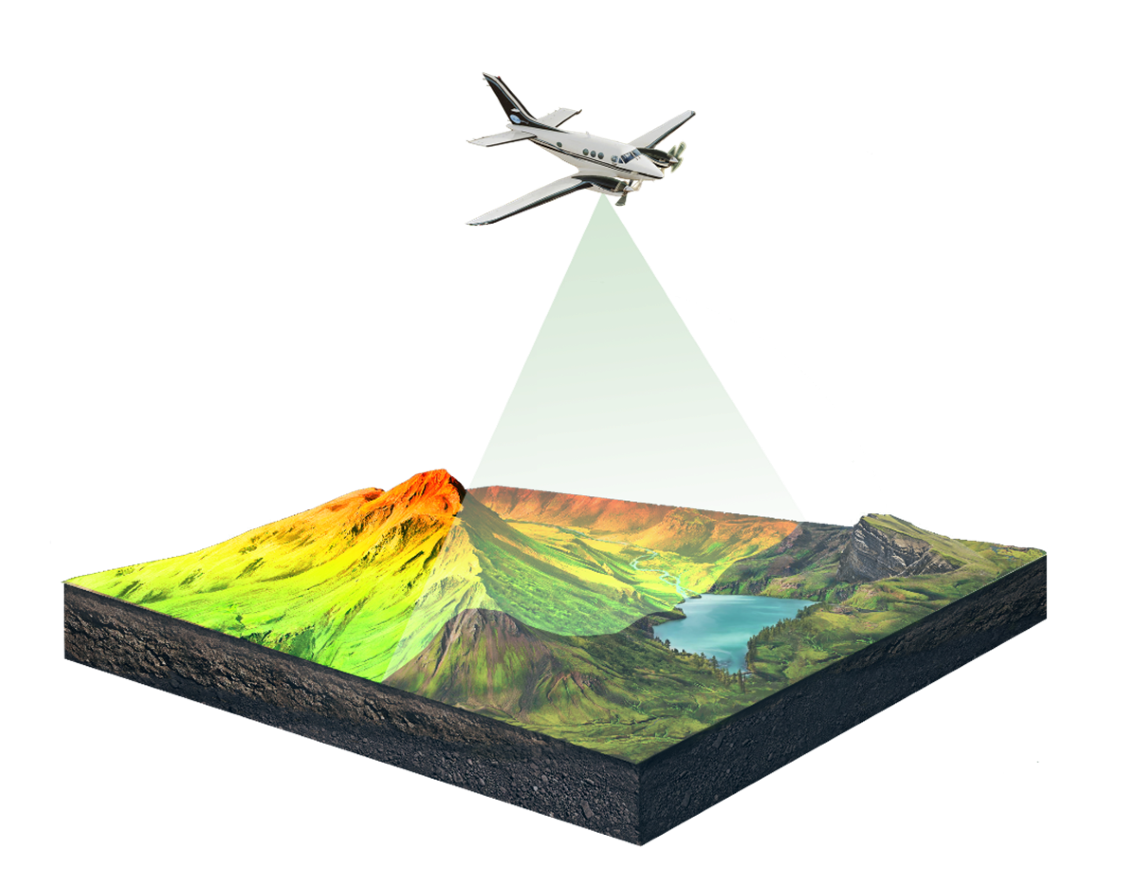 A graphic of a plane using a lidar instrument to send pulses of light down to the ground. A map with mountains, lakes, and trees are below the plane.
