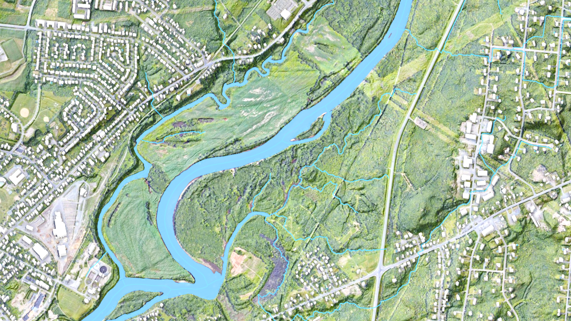 A map showing a river running through neighbourhoods.