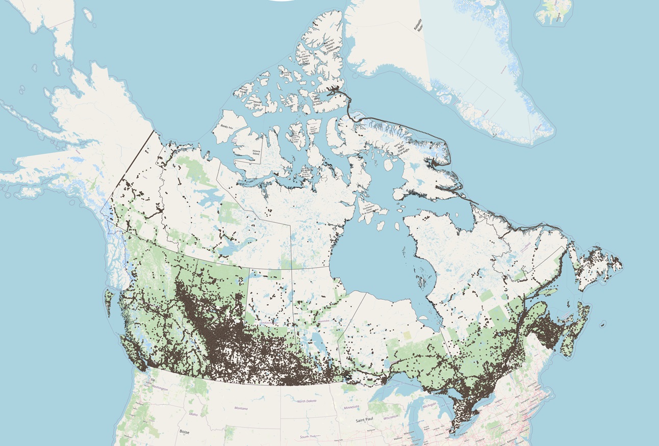 Map showing the 358,646 files processed by NRCan’s PPP web service in 2025 (brown dots), out of a total of 5.6 million files processed worldwide.