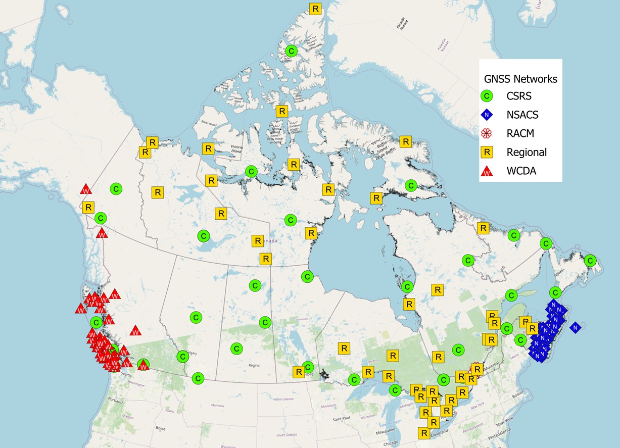 Map showing the GNSS Active Control Stations operated by CGS (yellow and green) or stations whose data is processed and made available by CGS (red and blue).