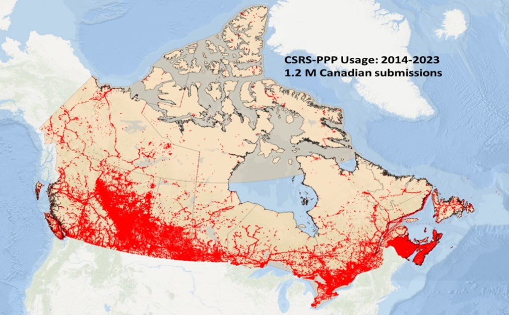 Map of Canada with red indicating usage of Canadian Spatial Reference System's Precise Point Positioning service between 2014 and 2023.