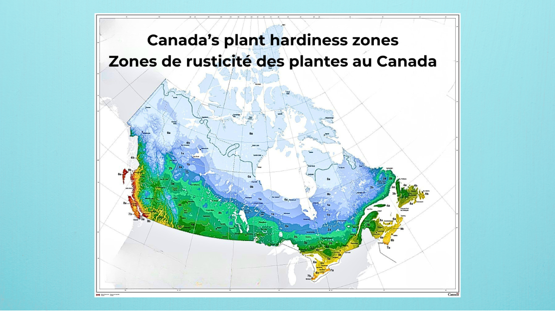 A colour-coded map of Canada showing the different plant hardiness zones.