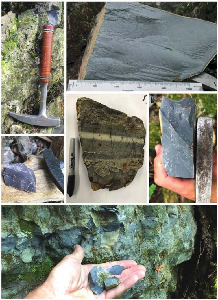 A collage of close-up images showing dark grey and striped rock samples, including flat stone slabs and broken fragments. A geological hammer and ruler are placed beside some specimens for scale, and one image shows a hand holding a rectangular piece of stone, with another rock sample stacked beside it for comparison.