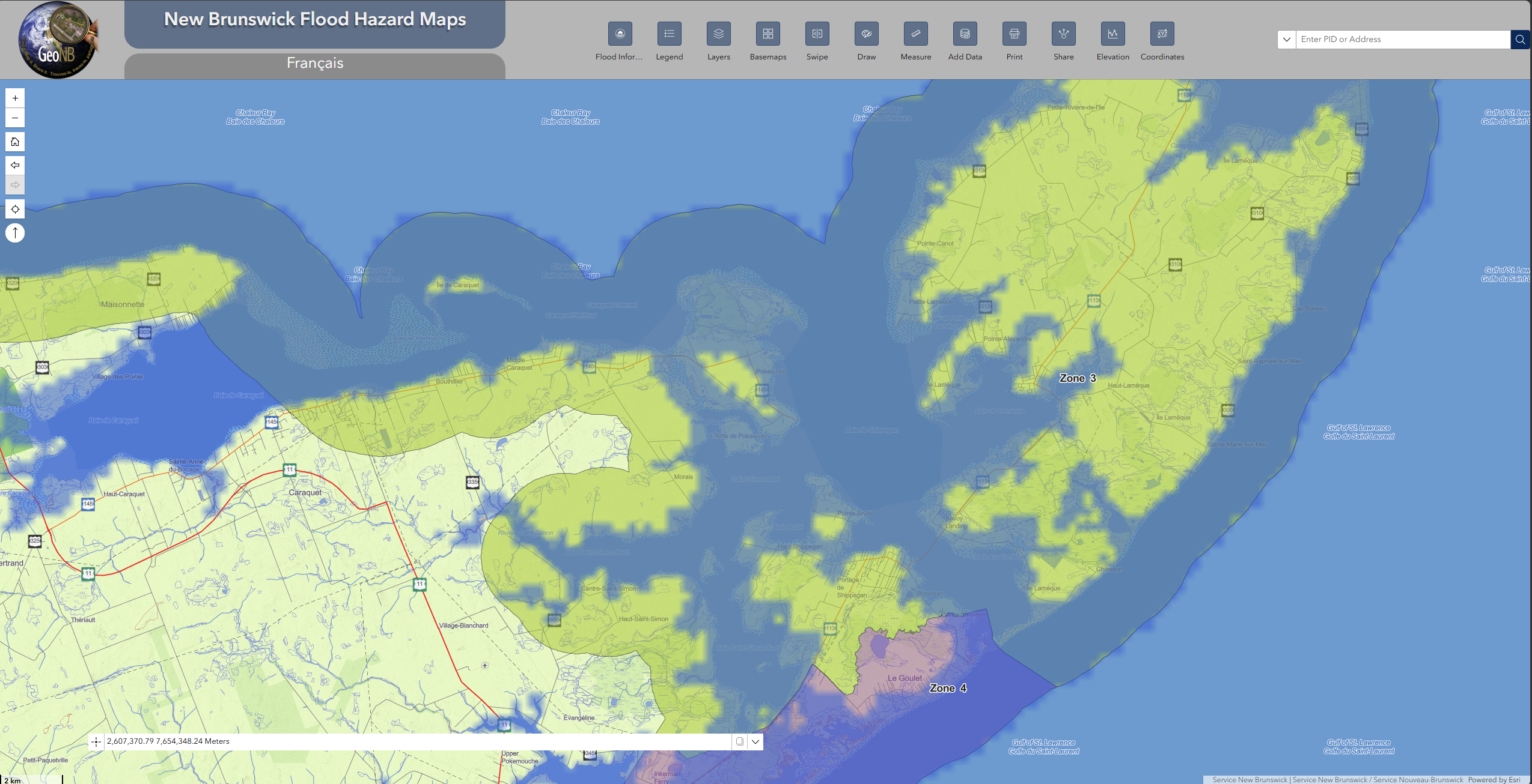 A screenshot of an interactive map from the New Brunswick Flood Hazard Map portal.