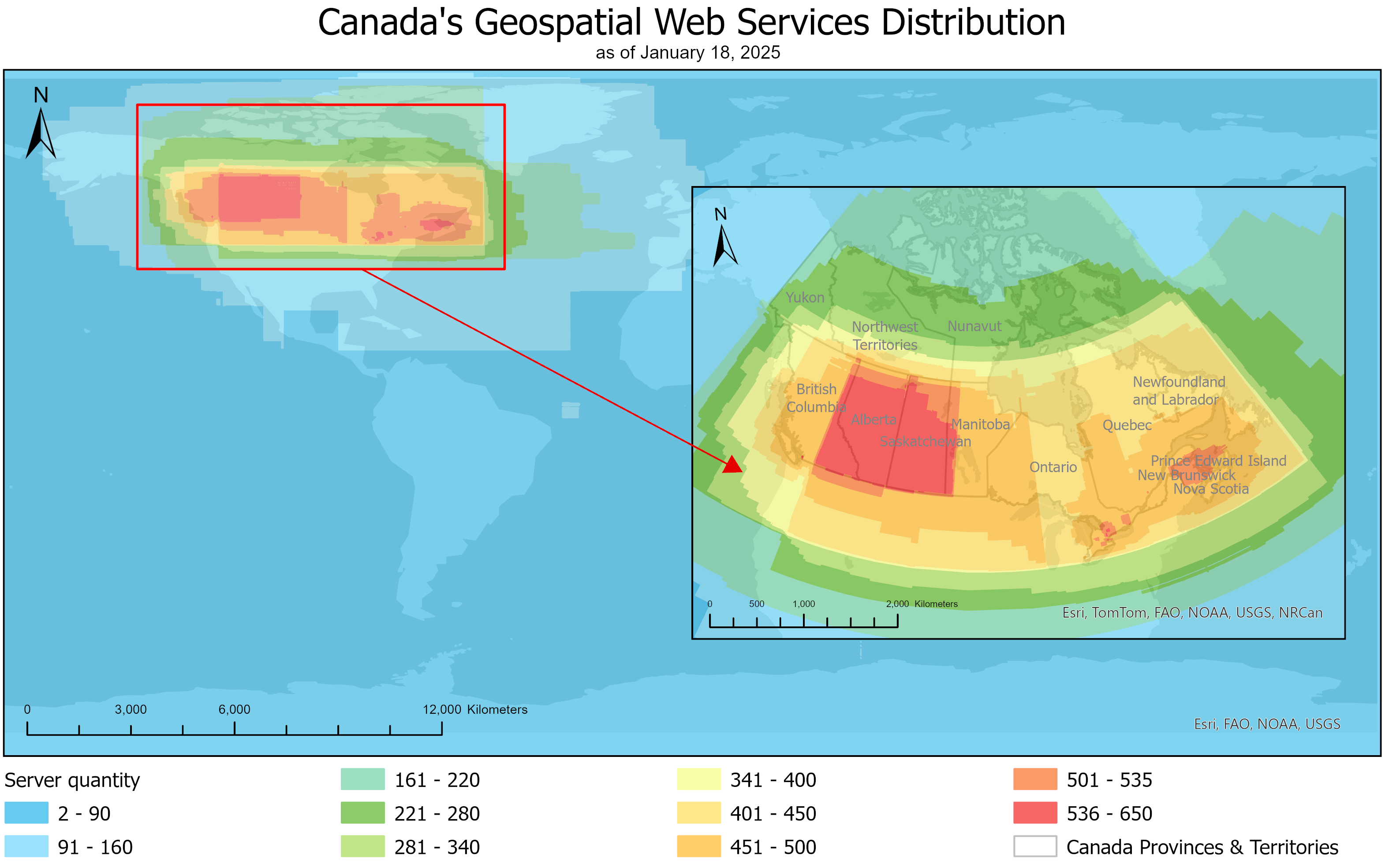 World map showing the distribution of Canadian geospatial web services, with an inset map of Canada. The highest concentrations are in Alberta and Saskatchewan, with numbers generally decreasing toward the north and the Atlantic and Pacific coasts. Data are current as of January 18, 2025.