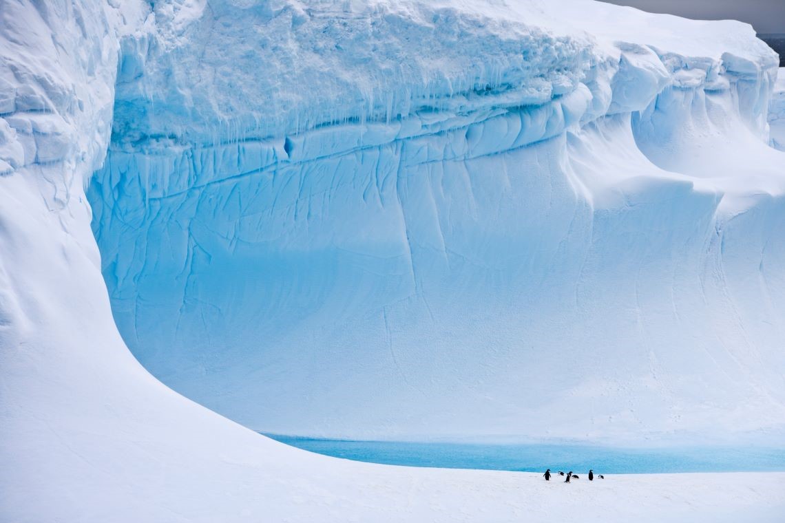 Large iceberg in open ocean. Penguins on snow on Antarctic shoreline. 