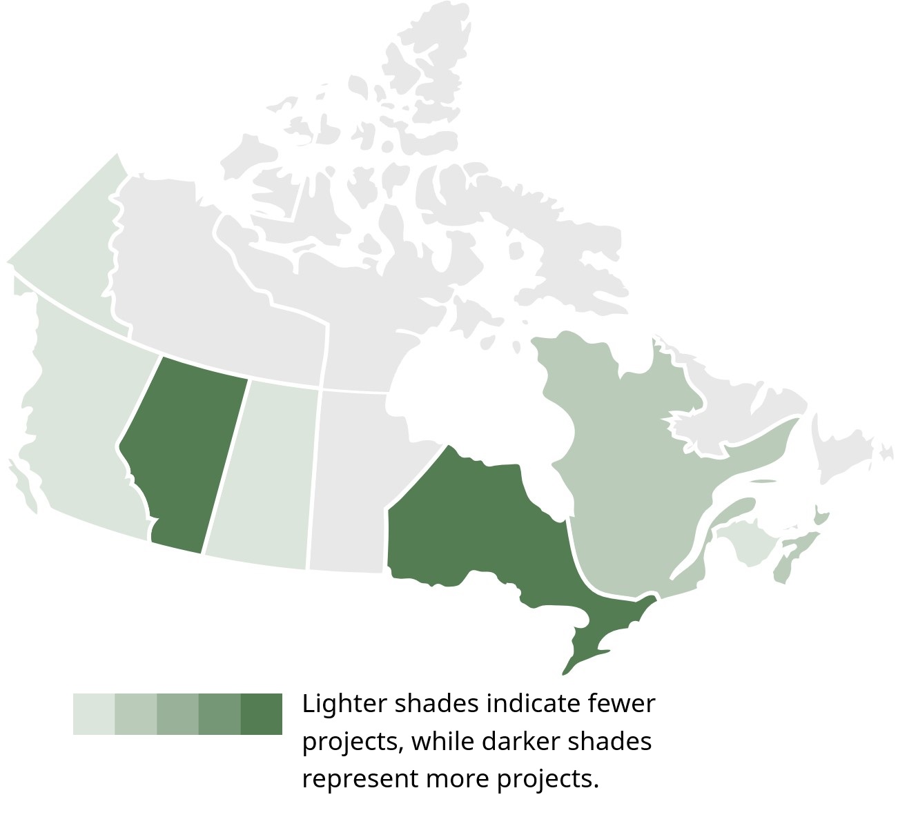 Map of Canada depicting the distribution of projects across provinces and territories. Lighter shades indicate fewer projects, while darker shades represent more projects.