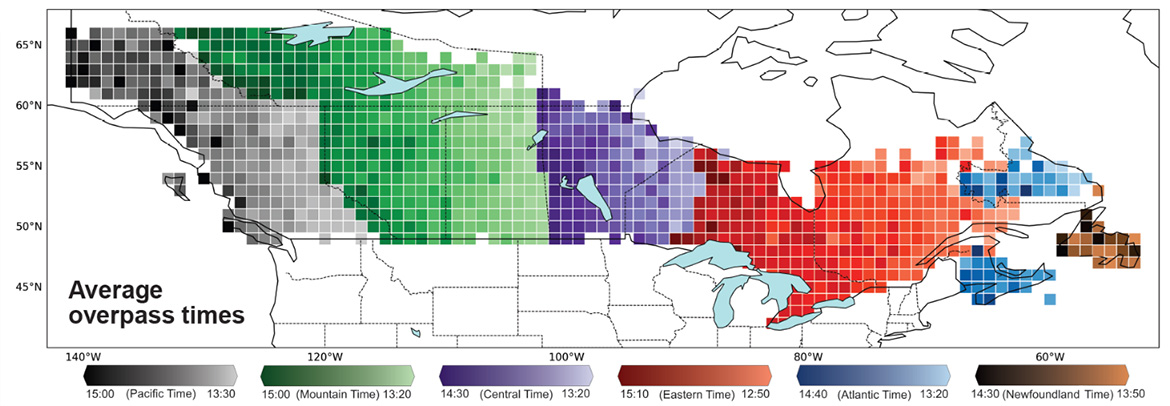 Map of Canada divided into coloured grid cells by time zone representing the average overpass times of VIIRS satellites across the country. Long description follows.