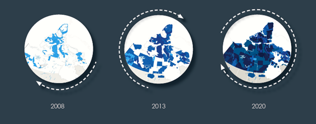 Three maps of Northern Canada showing that 10% of it was mapped by 2008, 28% was mapped by 2013 and 80% was mapped by 2020.