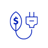 A blue and white logo with a plug and a dollar sign