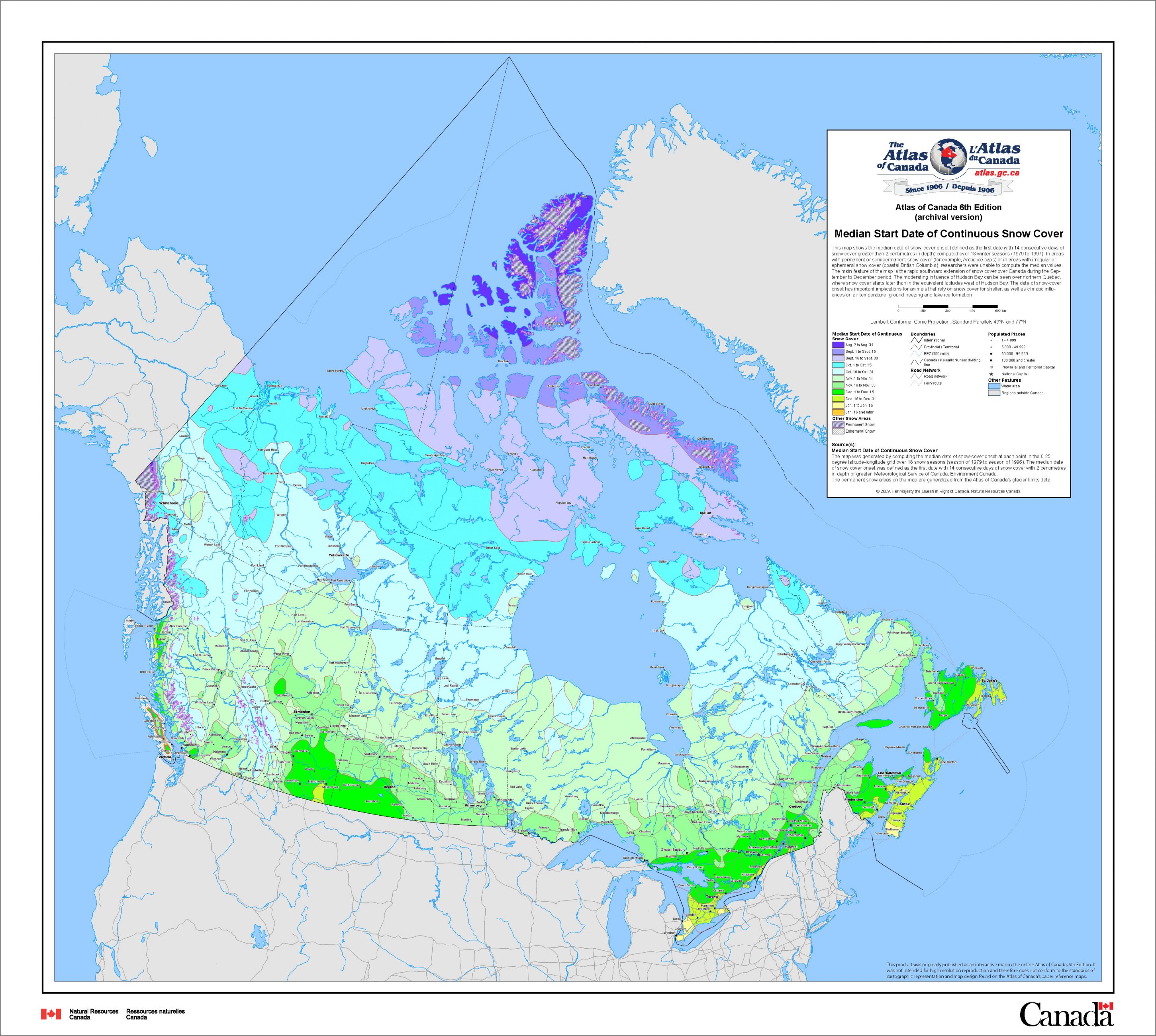 map of Canada showing Median Start Date of Continuous Snow Cover