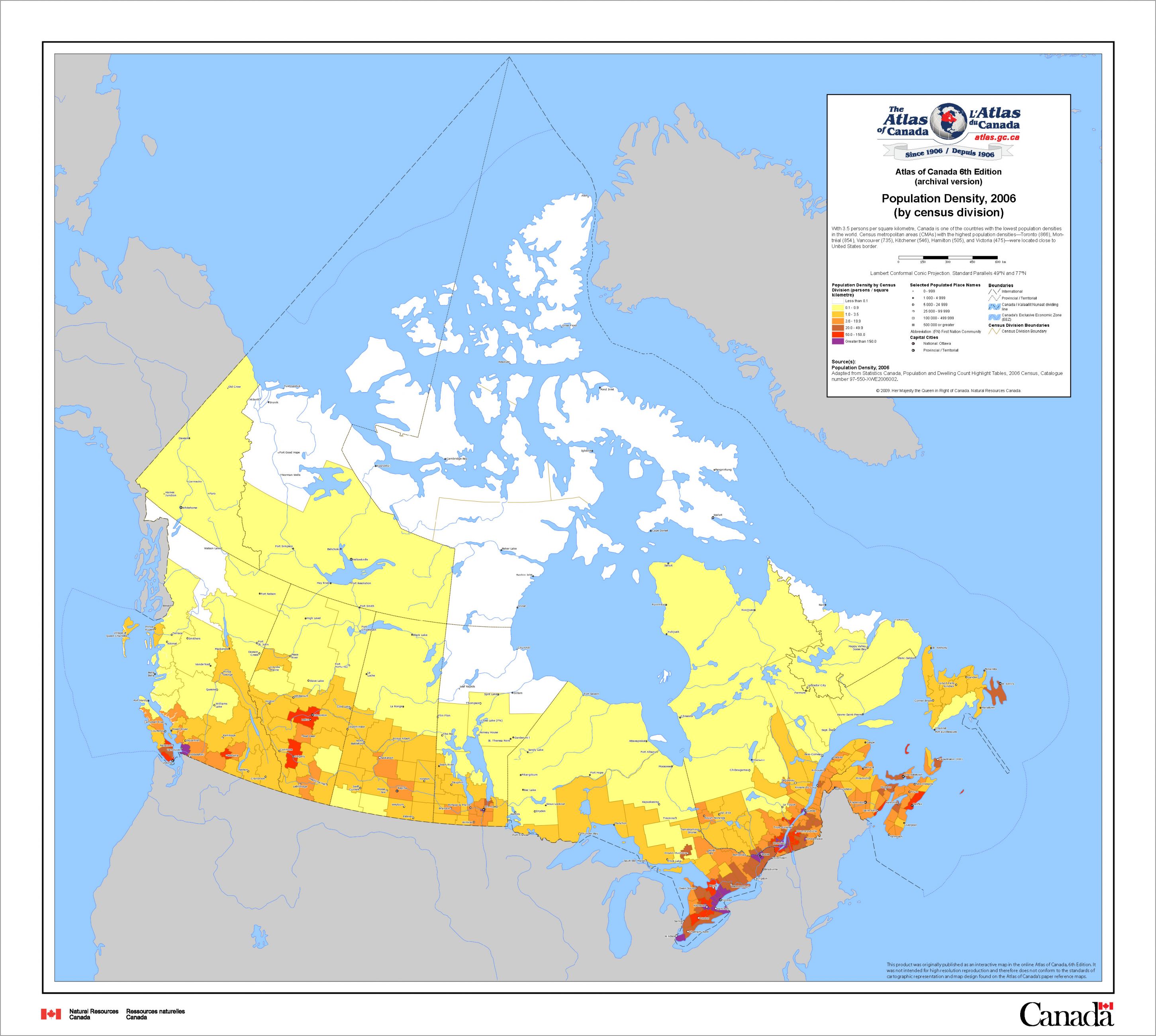 A map of Canada's population density