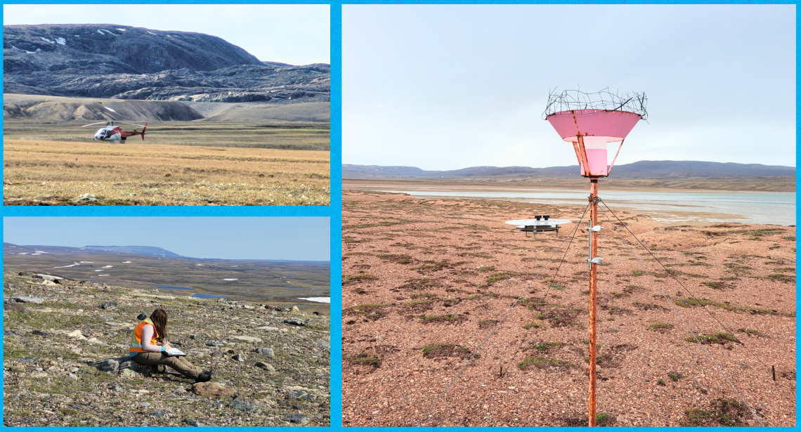 Combined image with helicopter landing on dry tundra, woman sitting on ground taking notes and a passive dust collector.